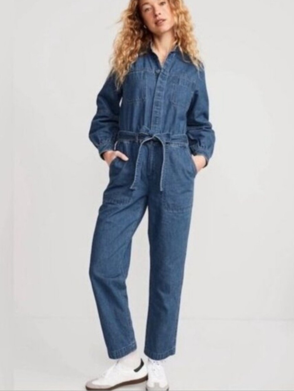 Old Navy Collarless Jean Utility Jumpsuit Cotton Denim Long Sleeves M